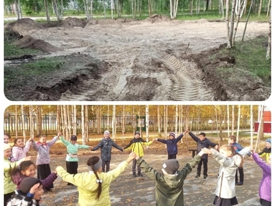 Благоустроенный задний двор школы.